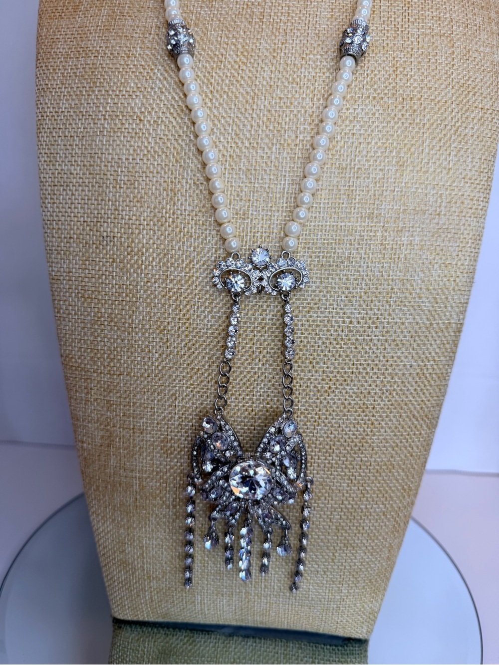 Betsey Johnson Cream Pearl Necklace with Silver Crystal Fringe Pendant